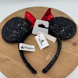 Disney Parks Minnie Mouse Classic Red Bow Black Ears Sequin Headband NEW With Ta
